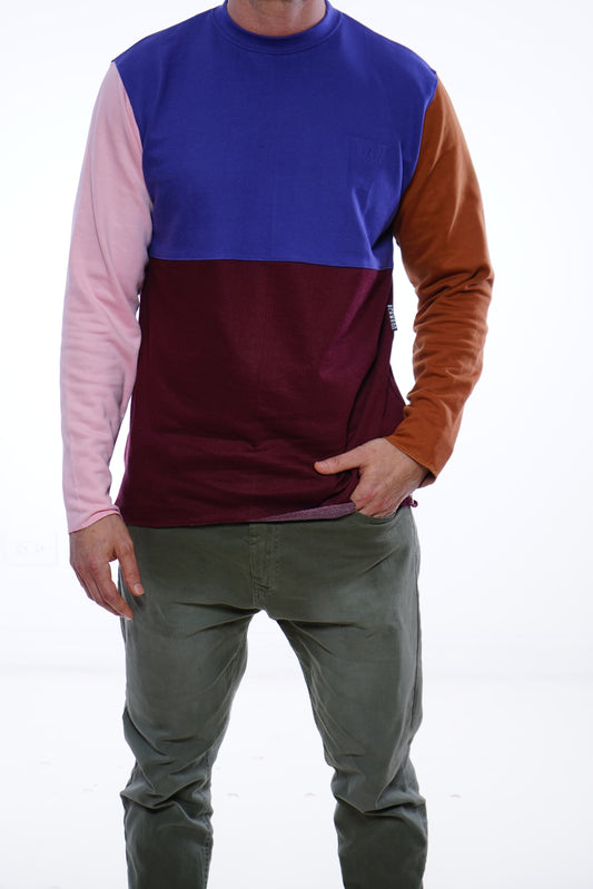 Raw Edge Color Block Crew Neck