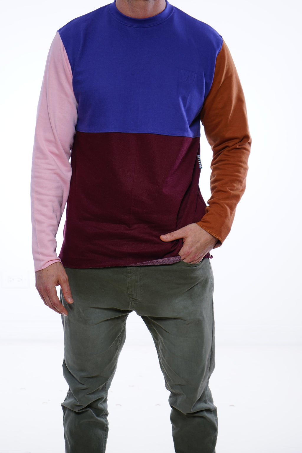 Raw Edge Color Block Crew Neck